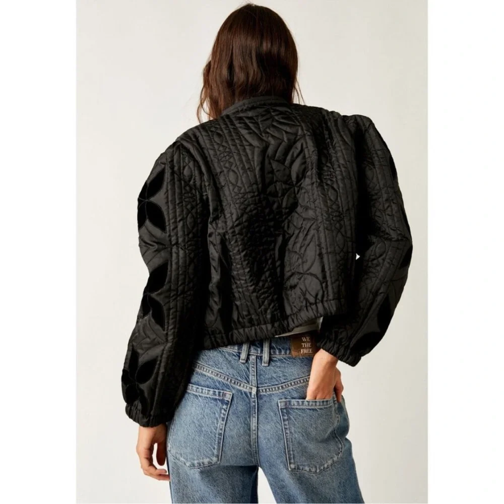 NWT FREE PEOPLE Quinn Quilted Jacket / Black Floral Bomber Satin - Picture 5 of 10